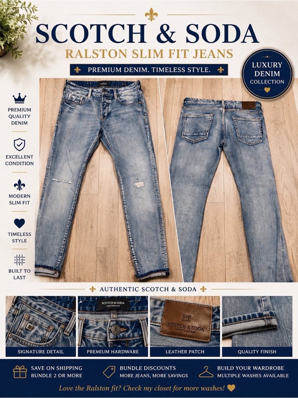 Scotch & Soda Ralston Slim Fit Jeans Men’s 31/32 • Light Wash Distressed Denim - Picture 2 of 5